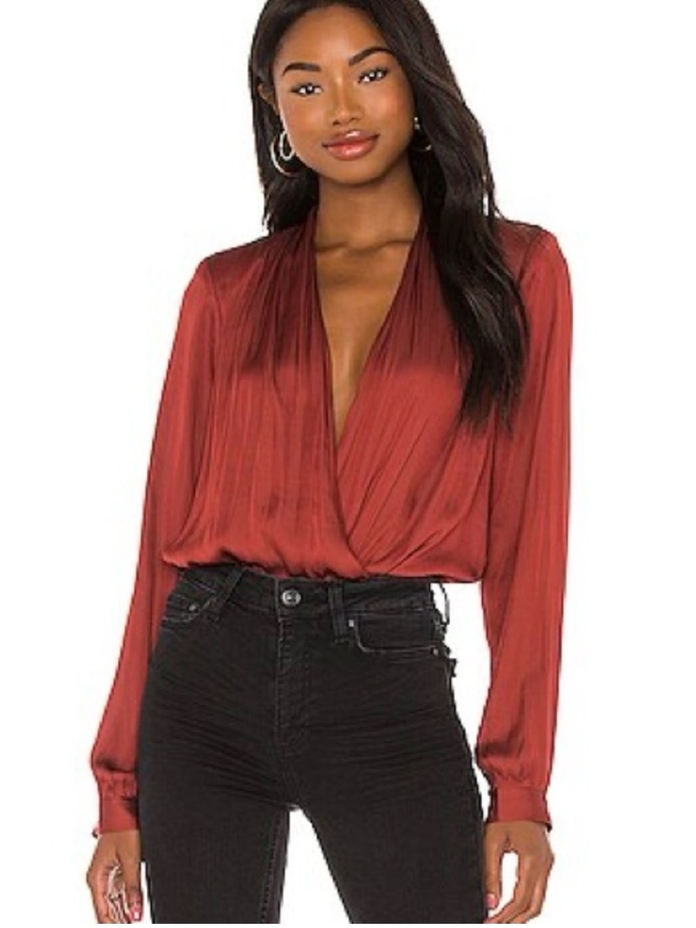 All in Favor Satin Surplice Blouse in Rosewood Red Rust Medium